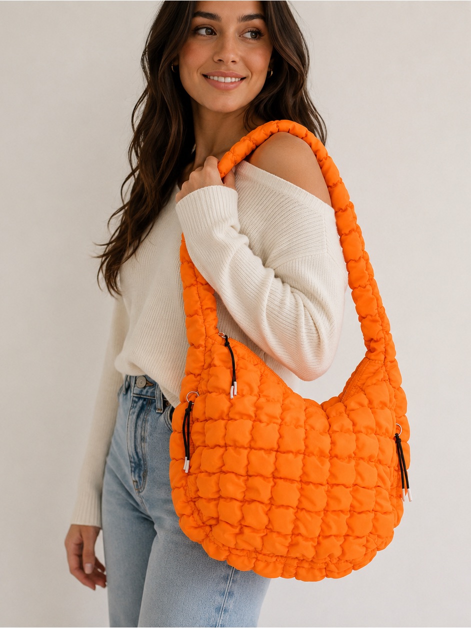 Pretty Simple Carmen Quilted Hobo Tote Bag Orange High Quality Nwt
